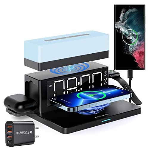Wireless Charger,6 in 1 Wireless Charging Station with Digital Alarm Clock&Night Light,15W Fast Charger Compatible with iPhone 16/15/14/13/12/11,Samsung Galaxy AirPods & Apple Watch