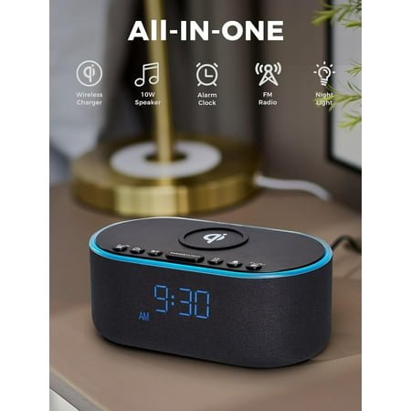 Wireless Charging Alarm Clock Radio: Qi Certified Fast Charger for iPhone Samsung - 10W Stereo Bluetooth Speaker Dimmable Digital with FM Radio Bedroom Black