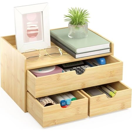 Wisuce Bamboo Desk Organizer - Mini Bamboo Desk Drawer Tabletop Cosmetic Storage Organization for Office or Home Black