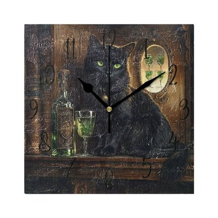 WOBOGO Black Cat with Absinthe Wall Clock 7.78 Inch Battery Operated Silent Unit Square Rustic Vintage Style for Home Bedroom Office Black Pointer