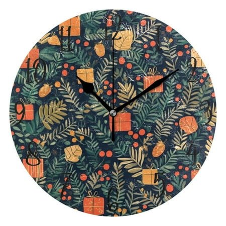 WOBOGO Christmas Present Pattern Wall Clock 10in Silent Mechanism Battery Operated Retro Style for Living Room Bedroom and Kitchen Black Pointer