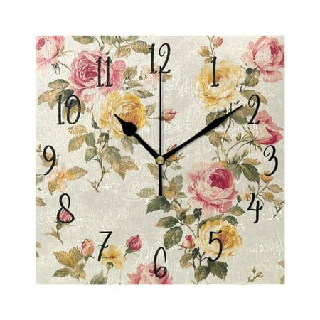 WOBOGO Vintage Shabby Chic Floral Pattern with Roses Wall Clock 7.78 Inch Battery Operated Silent Unit Square Rustic Vintage Style for Home Bedroom Office Black Pointer