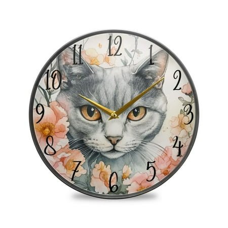 WOBOGO White Cat with Flower Acrylic Wall Clock Battery Operated 11.9in Silent No Tick Bedroom Living Room Office Classroom Decoration