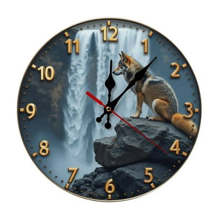 Wolf Waterfall Landscape Wall Clock 10 Inch Silent Non Ticking Round Wooden Clock Decoration for Living Room Kitchen Bedroom Bathroom Office Classroom