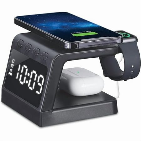 wonima88 Alarm Clock with Fast Wireless Charging Station for iPhone and AirPods, Includes Apple Watch Mount - Black (TWW30B)