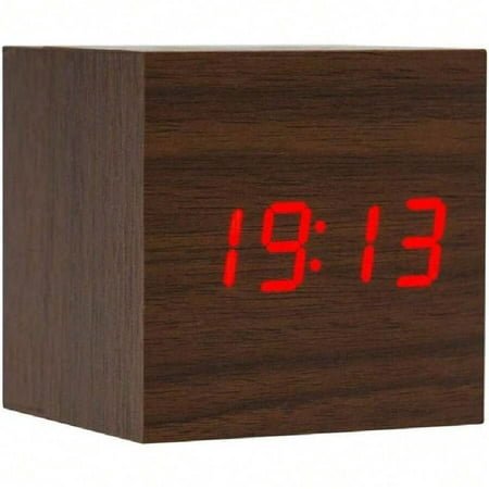 Wooden Alarm Clock - Mini Cube LED Digital Clock With Time/Date/Temperature Display, 3 Levels Brightness And Voice Control Great For Home Office Travel - Brown_Red