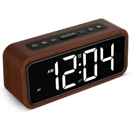 Wooden Alarm Clock, Loud Digital Plug-in Clock with 5 Volumes, 12 Ringtones, Manual DST, Snooze for Heavy Sleepers Bedroom Bedside Living Room Office Wood Decor