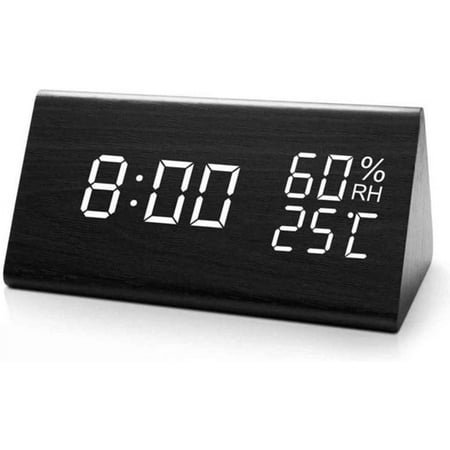 Wooden Alarm Clock,（White Light） Wooden LED Digital Alarm Clock, Wooden Digital Desk Clock with, Time and Temperature, Sound Control, and Adjustable Brightness