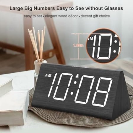 Wooden Digital Alarm Clocks for Bedrooms - Electric Desk Clock with Large Numbers, USB Port, Loud Alarm for Heavy Sleepers, Adjustable Volume, Dimmer, DST, Adapter Powered Black (Plug-in)