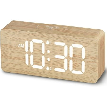 Wooden Digital Alarm Clocks for Bedrooms: Dimmable Dual Alarm Clock with Large Numbers for Bedside Desk - Loud Alarm for Heavy Sleepers with Volume Control
