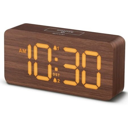 Wooden Digital Alarm Clocks for Bedrooms: Dimmable Dual Alarm Clock with Large Numbers for Bedside Desk - Loud Alarm for Heavy Sleepers with Volume Control - Wood Decor & Gifts