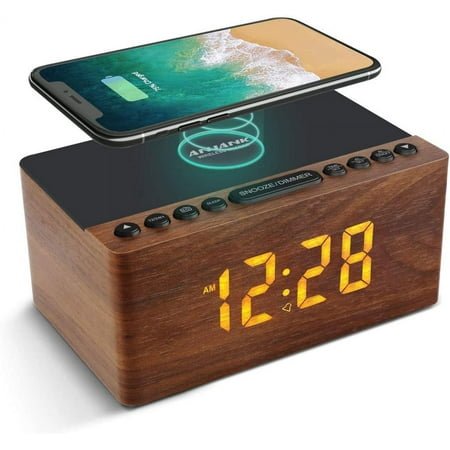 Wooden Digital LED Alarm Clock FM Radio, Fast Wireless Charger Station for iPhone/Samsung Galaxy, 5 Level Dimmer, USB Charging Port, 9 Sounds, Sleep Timer Bedroom, Bedside, Desk
