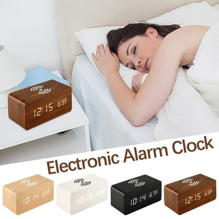 Wooden Digital Wireless Charging Alarm Clock | LED Display | Touch/Sound Control | 12/24 Hour | Temperature | USB Powered | PVC MDF | 160x70x70mm | 5W | 1 Pack