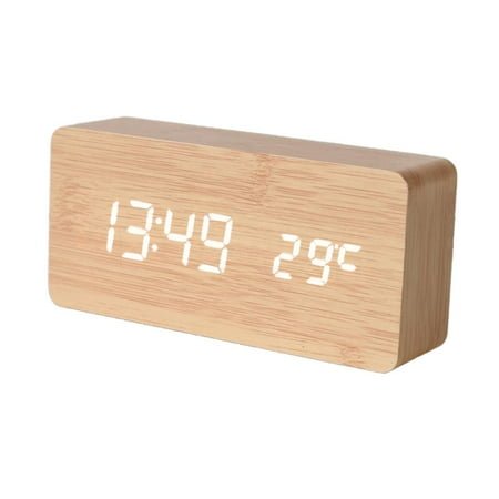 Wood Grain Digital Alarm Clock, LED Display Time Date Temp Humidity, 3 Alarms, USB Type-C, Adjustable Brightness, for Bedroom Office Home