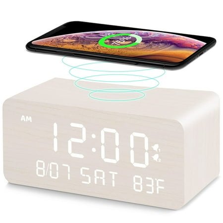 Wood Grain Digital Alarm Clock with Qi Wireless Charging Pad, 0-100% Brightness Control, Dual Alarms Weekend Mode, USB Ports, DST Button, Stylish Desk Clock, White