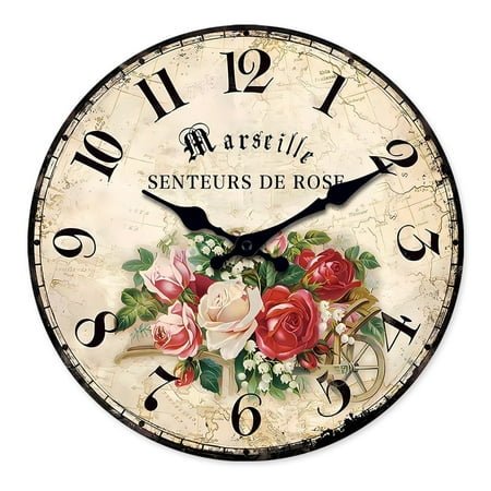 Wood Wall Clock Battery Operated 12 Inch - Silent Wall Clock Non Ticking - Flower Wall Clock for Girl - Vintage Wall Clock for Bedroom