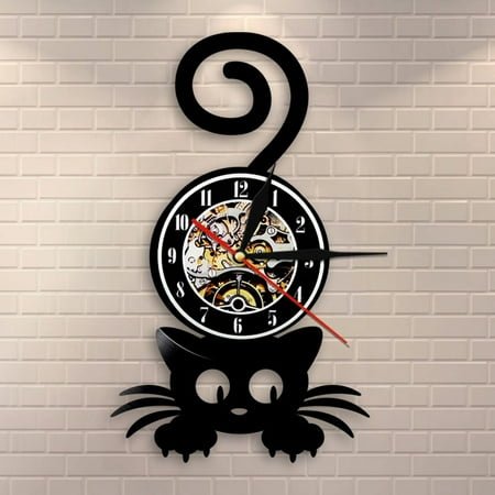 YanGxx Crazy Cat Lady Wall Art Silhouette Kitten Cat with Funny Tail Home Decor Wall Clock Black Kitty Vinyl Record Clock Cat Pet Lover