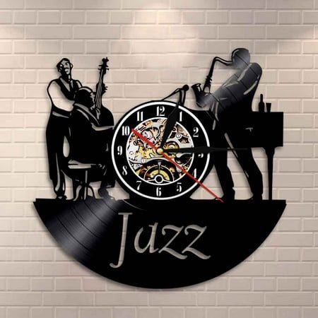 YanGxx Musicians Jazz Band Wall Clock Men Play the Cellos Sax Jazz Band Instruments Vinyl Record Wall Clock Bedroom Living Room Decor