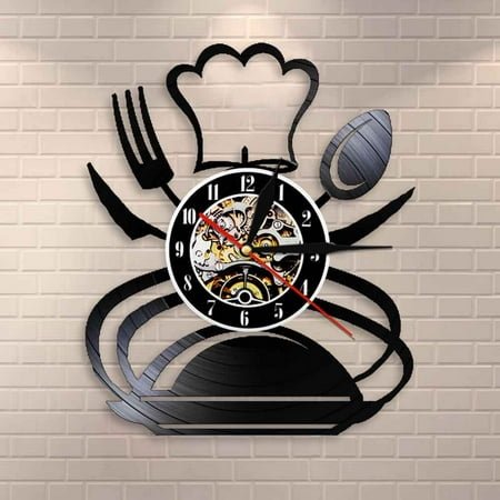 YanGxx Retro Fork Knife And Spoon Kitchen Wall Art Wall Clock Silverware Design Dining Room Wall Decor Cutlery Vinyl Record Wall Clock