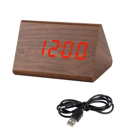Yesbay Desktop Decor Sound Control USB Rechargeable LED Digital Wooden Alarm Clock,Brown Red Light
