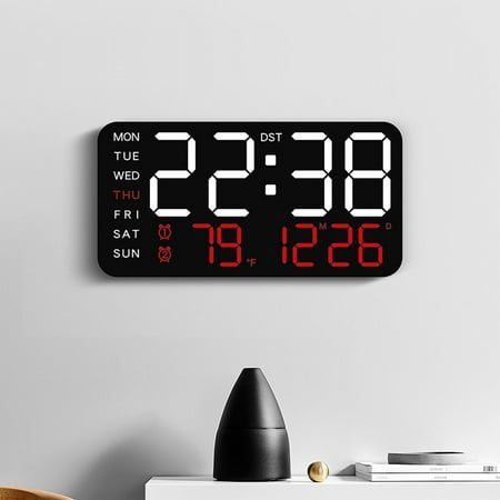 Yhmxh 9.5 Large Digital Wall Clock Timer, USB and Battery Powered, 2 Alarms, LED Display, 8 RGB Color, Auto DST, Temperature for Living Room, Bedroom, Desk, Mounted, Gift for Elderly (Red)