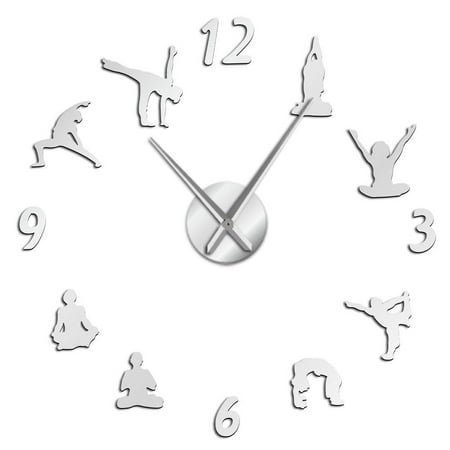 Yoga Modern Frameless Wall Clock Stickers, DIY Modern Decorative Clocks for Living Room, Bedroom, Office - Easy to Install, Large 3D Clock Design (Silver,37in)