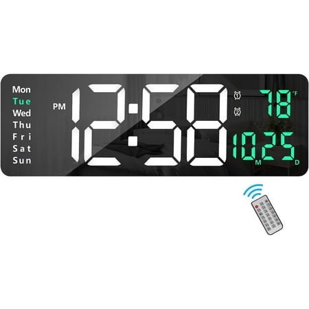 Yonktoo Digital Wall Alarm Clock, 16.2-inch Large Display, Remote Control, Temperature Date Week-Green