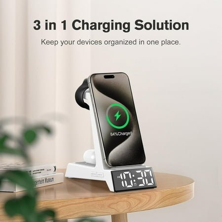 YUYAN-4 in 1 Alarm Clock with Wireless Charging, Wireless Charger Station for Multiple Devices Apple,Charging Dock for iPhone 17 16 15 14 13 12 Pro Max Series, Apple Watch, AirPods Pro 3/Pro 2/4/3/2