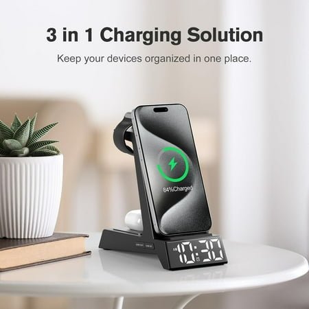 YUYAN-4 in 1 Wireless Charging Station Alarm Clock, Charging Dock for Apple Devices, Charger Stand for iPhone 17 Air 16 15 14 13 12 Series for Apple Watch 11 10 9 8 7 6 5 UItra/SE & AirPods, Dimmable