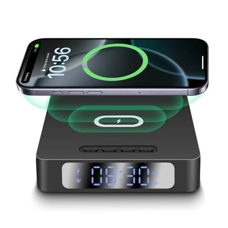 ZHENYEMEI Wireless Charger with Digital LED Alarm Clock, 15W Fast Wireless Charger Compatible with Smart Phone, NightTime Mode Adjustable Brightness, Clock for Bedroom, Living Room, Office, Black
