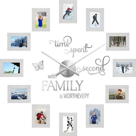 ZJQYDS 3D Large Family Collage Photo DIY Wall Clock, 5 Inch Paper Photo Frame DIY Clock Modern Decor Family Quote Wall Stickers Kit for Home Living Room Bedroom Office Decorations(Silvery)