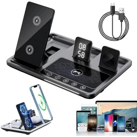 ZUREZE Station, 4 in 1 Alarm Clock Wireless Charger Stand, 4 in 1 Wireless Charging Dock for iPhone 16/15/13/12/XS/XR/XS/X/8, iWch 10/Ultra/8/7/SE/6/5/4/3, Apods Pro2/Pro1/3/2/1 (Graphite)