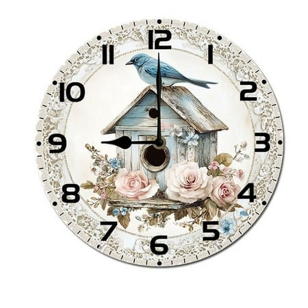 ZXCXRQFa Bird House Flowers Wall-Clock for Girls Analog Battery Operated 10 Inch - Round Wood Wall Clocks Silent Non-Ticking Bathroom Bedroom Decor