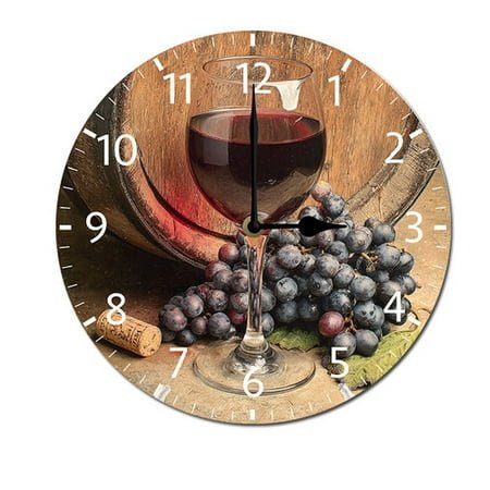 ZXCXRQFa Grapes Wine Glass Bottle Kitchen Home 10 Inch Silent Vintage Design Round Wall Clock Numerals Design Non Ticking Retro Clocks Home Decor Desk Clock