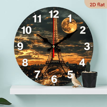 10-inch 2D flat Night Paris Eiffel Tower theme wooden silent wall clock. Ideal gift choice for Halloween/Easter/Christmas. Suitable for modern home decoration and art style.