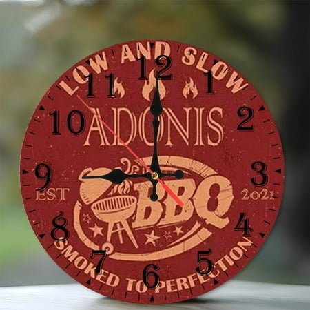 10-Inch Silent Wooden Wall Clock, Adonis BBQ Clock Low And Slow Silent Non-Ticking Clock, Battery Operated (AA Batteries Not Included), Artistic Home Decor