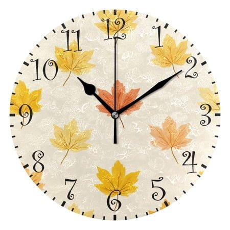 10 Artistic Round Wall Decorative Desk Clock Wall Clock Home Decor Yellow Maple Leaves Pattern