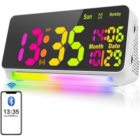 120db Super Loud Alarm Clock for Heavy Sleepers, Bluetooth Connection, 15 Wake Up Sounds, 7 Color Night Light, Dynamic RGB Color Changing, 0-100% Dimmer, Snooze, Digital Clock for Bedroom