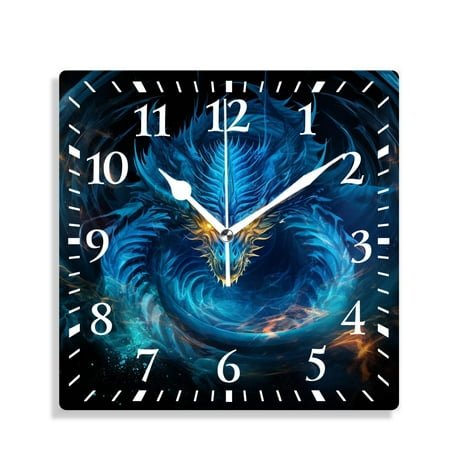 12 Inch Wall Clock Battery Operated Silent Clock Decorative for Office, Kitchen, Outdoor, Living Room,Blue Fire Dragon Image
