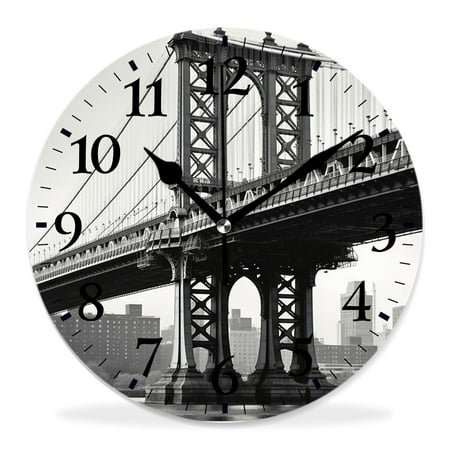 12 Inch Wall Clock Battery Operated Silent Clock Decorative for Office, Kitchen, Outdoor, Living Room，Bridge of New York Vintage East River Drawing