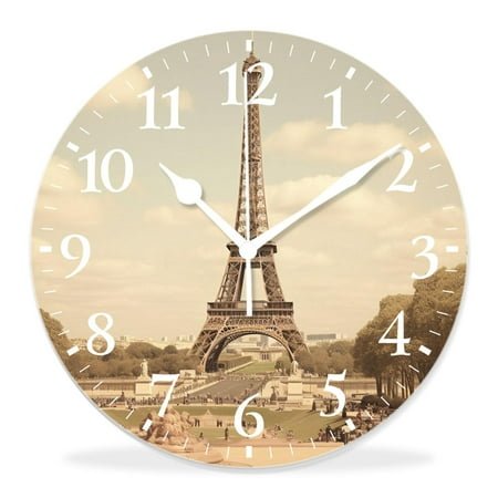 12 Inch Wall Clock Battery Operated Silent Clock Decorative for Office, Kitchen, Outdoor, Living Room，Eiffel Tower in Paris France Vintage Old Retro Style Lovely