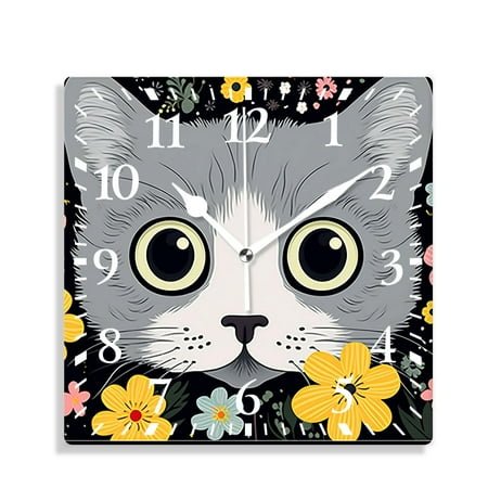 12 Inch Wall Clock Battery Operated Silent Clock Decorative for Office, Kitchen, Outdoor, Living Room,Cute Sweet Cat Butterfly Picture