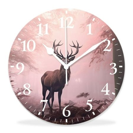 12 Inch Wall Clock Battery Operated Silent Clock Decorative for Office, Kitchen, Outdoor, Living Room，Deer Antler with Down Fantasy forest Woodland Print