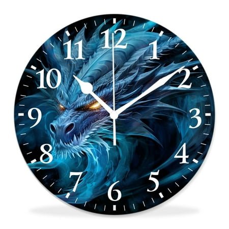 12 Inch Wall Clock Battery Operated Silent Clock Decorative for Office, Kitchen, Outdoor, Living Room,Abstract Blue Fire Flame Dragon Head on Black Background Pattern