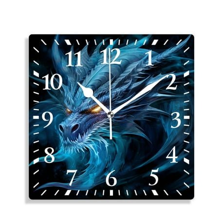 12 Inch Wall Clock Battery Operated Silent Clock Decorative for Office, Kitchen, Outdoor, Living Room,Abstract Blue Fire Flame Dragon Head on Black Background Pattern