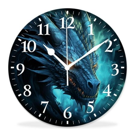 12 Inch Wall Clock Battery Operated Silent Clock Decorative for Office, Kitchen, Outdoor, Living Room,Abstract Blue Fire Flame Dragon Head on Black Background Creative