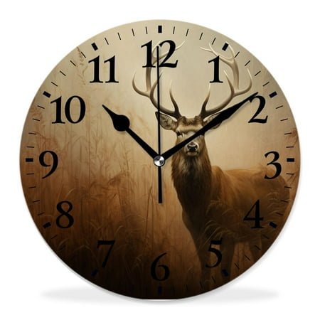 12 Inch Wall Clock Battery Operated Silent Clock Decorative for Office, Kitchen, Outdoor, Living Room，Whitetail Deer Fawn in Wilderness Countryside Beautiful Art