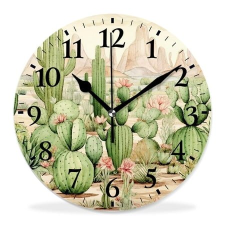 12 Inch Wall Clock Battery Operated Silent Clock Decorative for Office, Kitchen, Outdoor, Living Room，Green Mexican Texas Cactus Plants Beautiful