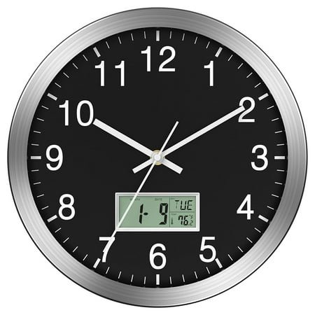 12Inch Wall Clock with Digital Date, Week & Indoor Temp - Battery Operated Clock, Auto Sets,Easy to Read
