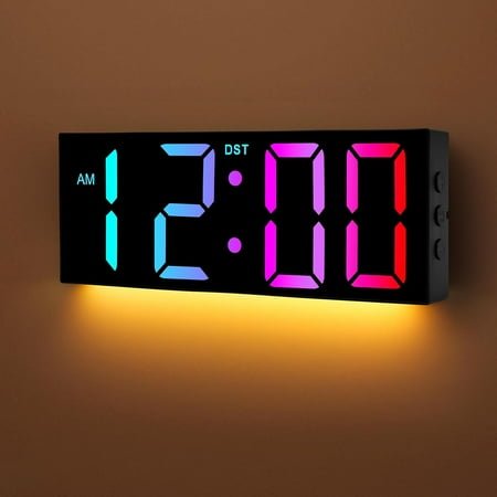 12 Large Digital Wall Clock with Remote Control, USB Powered, Corded RGB LED Clock with Full Screen Display, Big Numbers, for Classroom, Living Room, Elderly, Wall Mounted, DST, KSJ-01, Black
